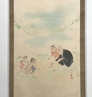 Japanese Hanging Scroll Elderly People Kids Playing Calligraphy Poem KJ15