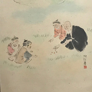 Japanese Hanging Scroll Elderly People Kids Playing Calligraphy Poem KJ15