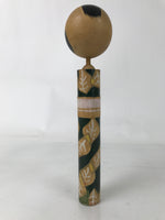 Japanese Wooden Kokeshi Doll Vtg Green White Leaves Pattern Kimono KF728