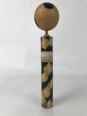 Japanese Wooden Kokeshi Doll Vtg Green White Leaves Pattern Kimono KF728