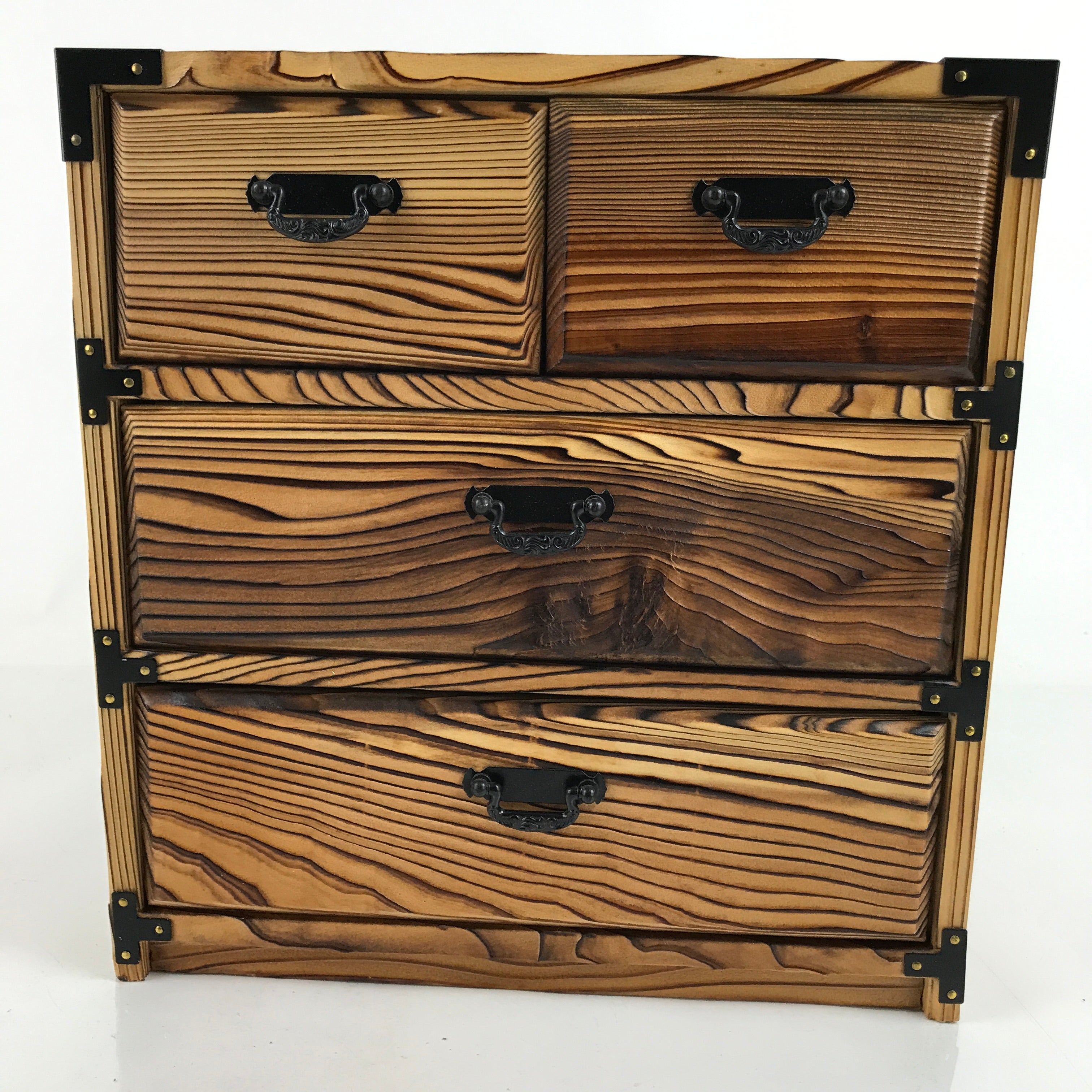 Japanese Wooden Tansu Storage Chest Vtg Haribako Trinket Box 4 Drawers T385
