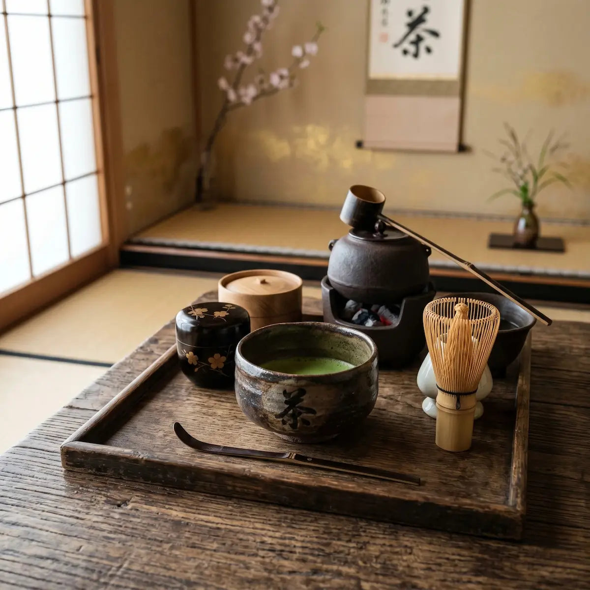 Japanese tea set on a tray in a tatami room