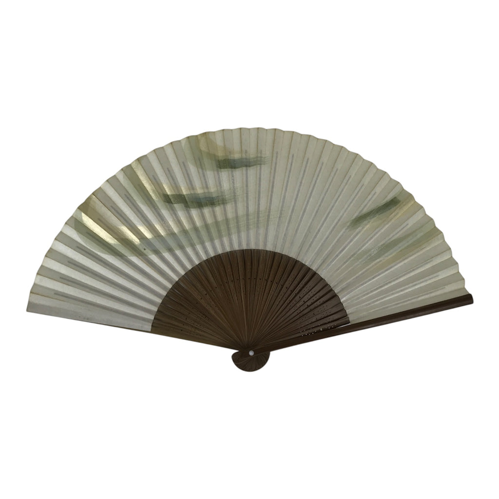 Japanese Paper Folding Fan Vtg Sensu Bamboo Frame Green Gold Brush Stroke 5D48-AD - Fan-chidorivintage.com