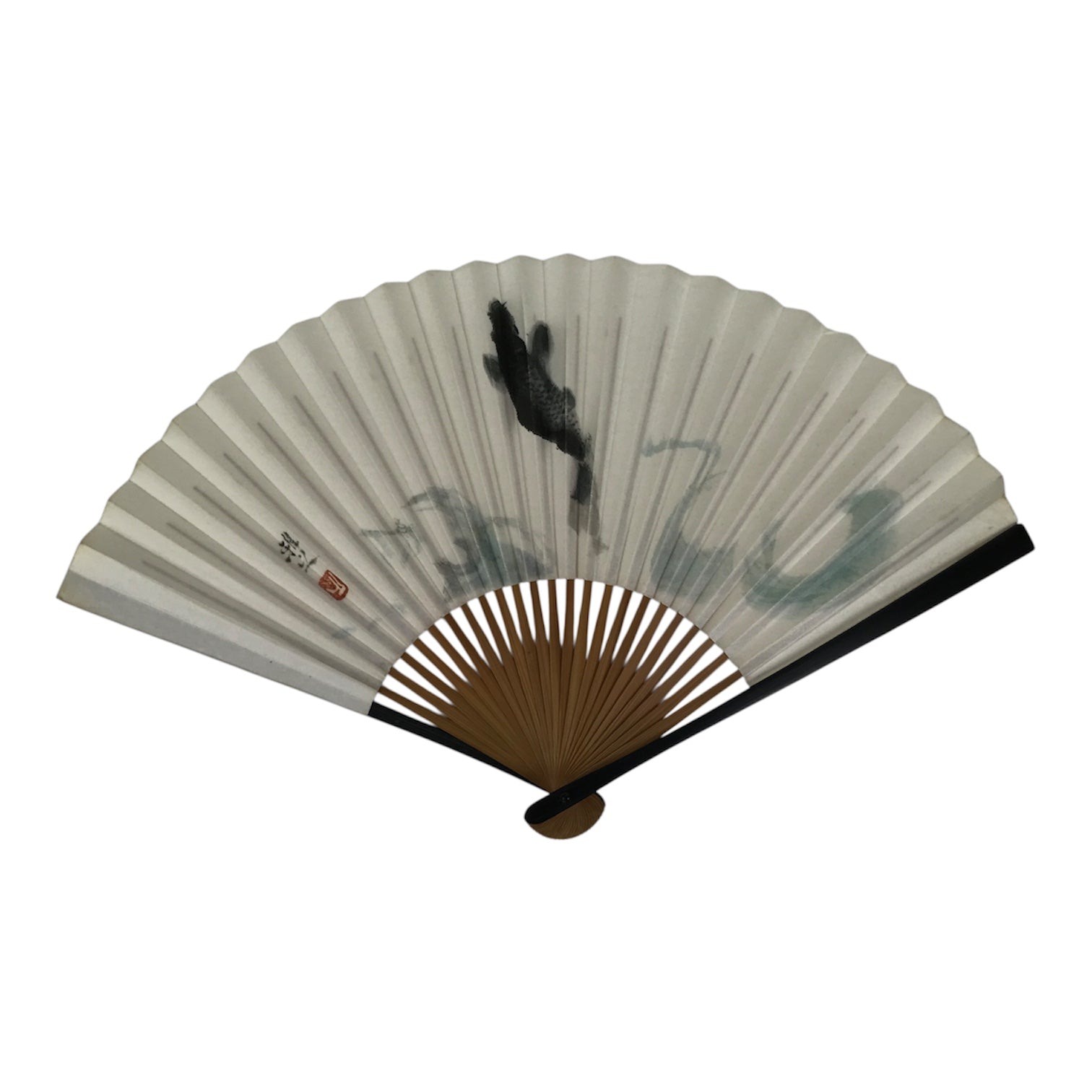 Japanese Paper Folding Fan Vtg Sensu Bamboo Frame Black Pond Koi Fish Carp 5D49-AD - Fan-chidorivintage.com