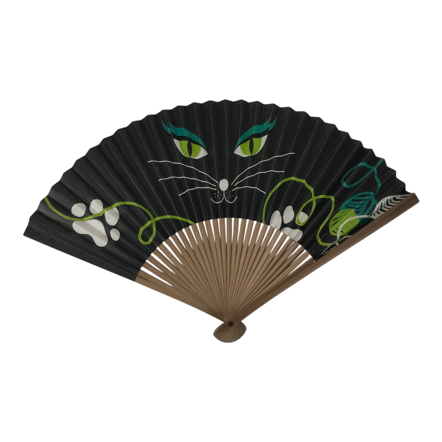 Japanese Paper Folding Fan Vtg Sensu Bamboo Frame Black Cat Green Vines 5D51-AD - Fan-chidorivintage.com