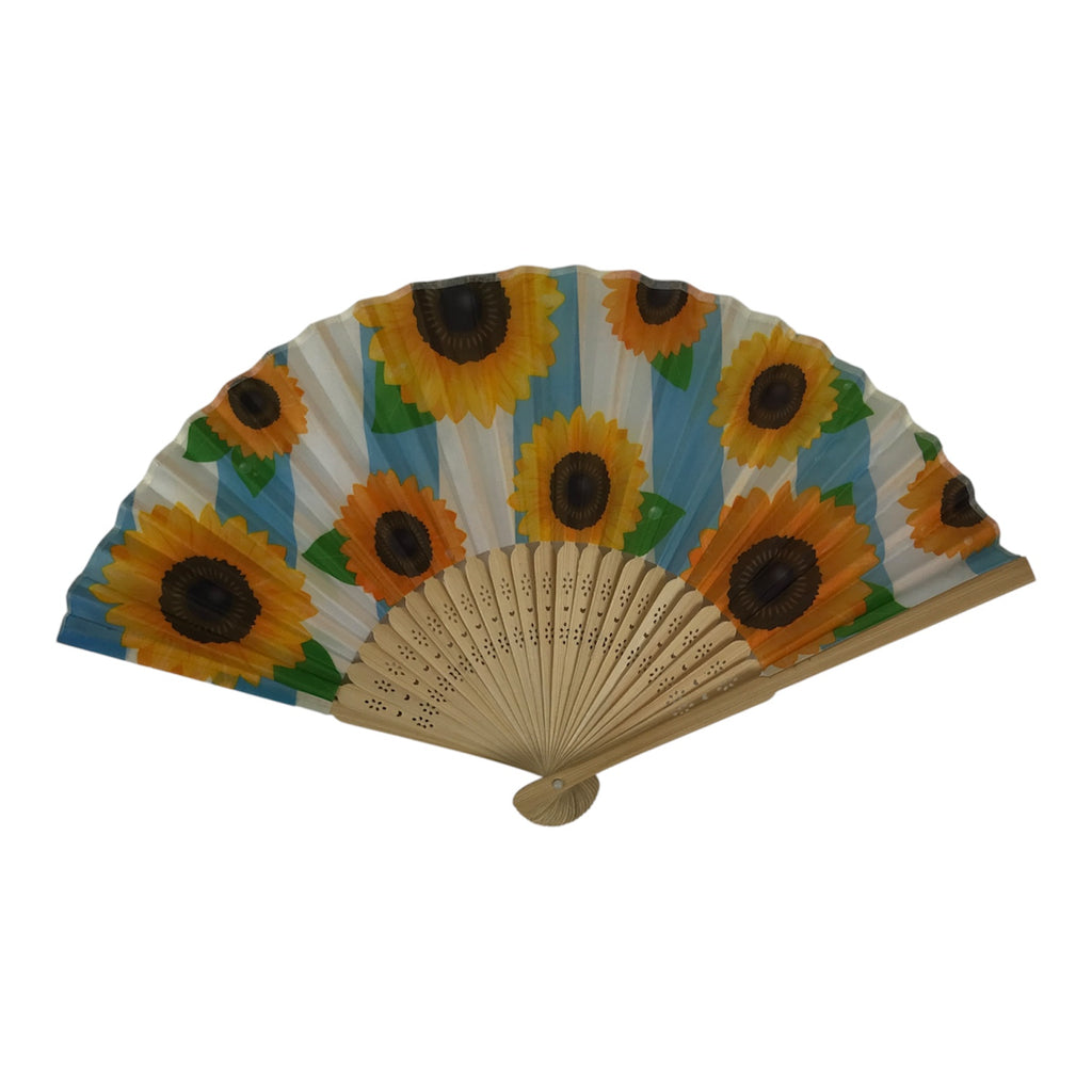 Japanese Fabric Folding Fan Sensu Vtg Bamboo Frame Sunflowers Himawari 5D55-AD - Fan-chidorivintage.com