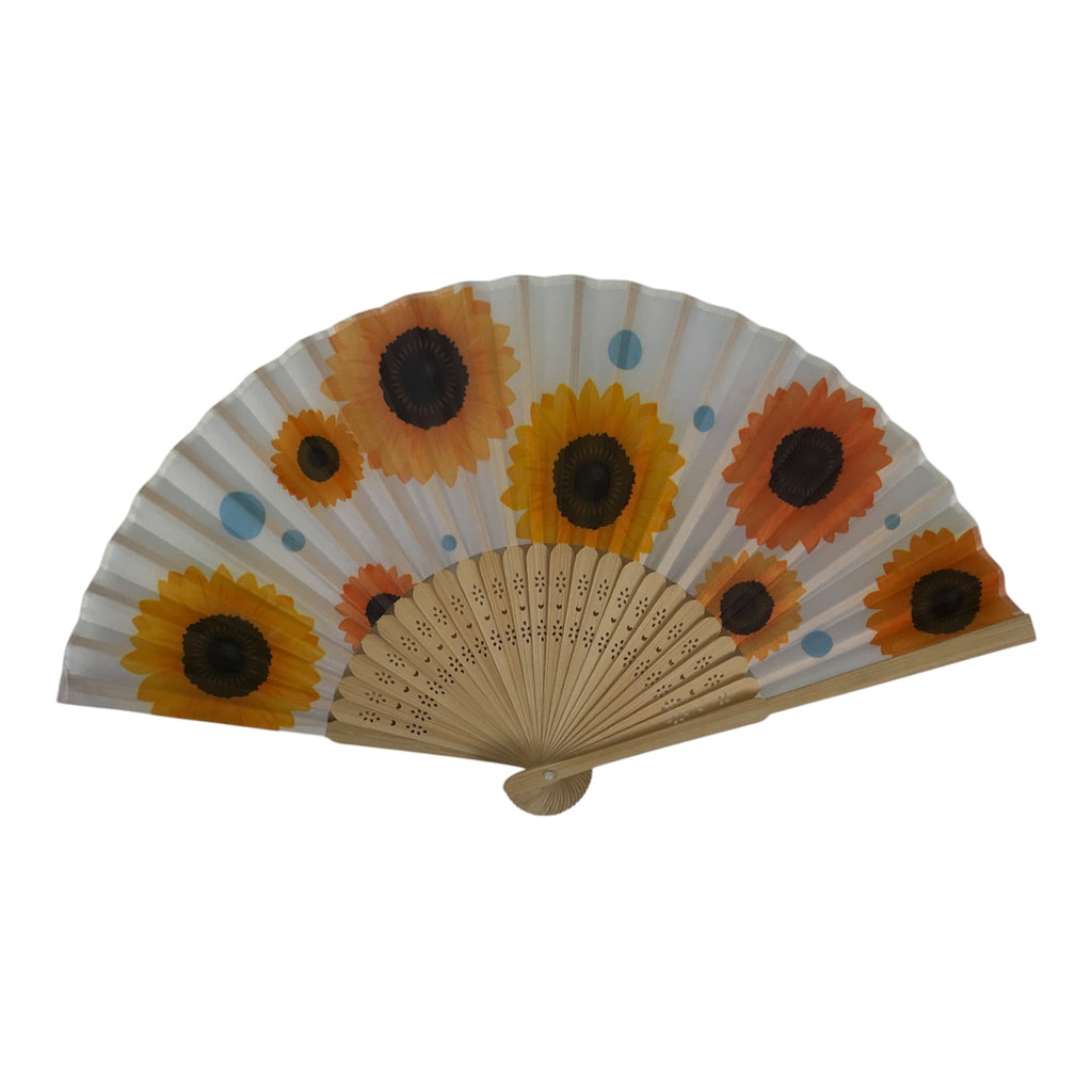 Japanese Fabric Folding Fan Sensu Vtg Bamboo Frame Sunflowers Himawari 5D56-AD - Fan-chidorivintage.com