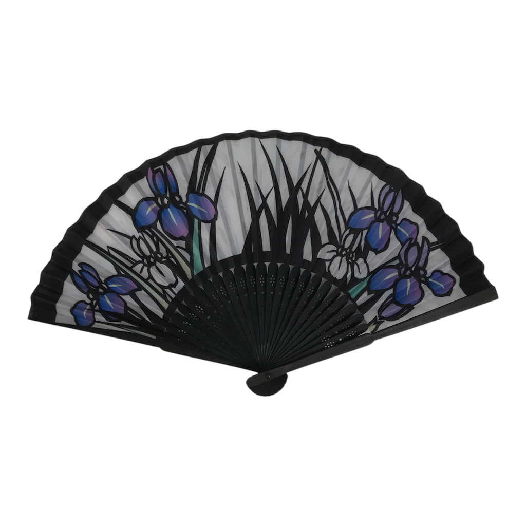 Japanese Fabric Folding Fan Sensu Vtg Black Bamboo Frame Purple Iris Flower 5D59-AD - Fan-chidorivintage.com