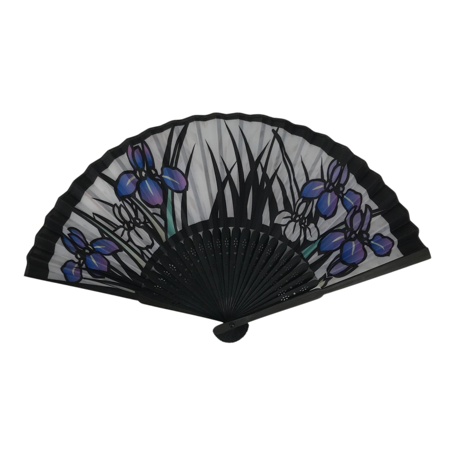 Japanese Fabric Folding Fan Sensu Vtg Black Bamboo Frame Purple Iris Flower 5D59-AD - Fan-chidorivintage.com