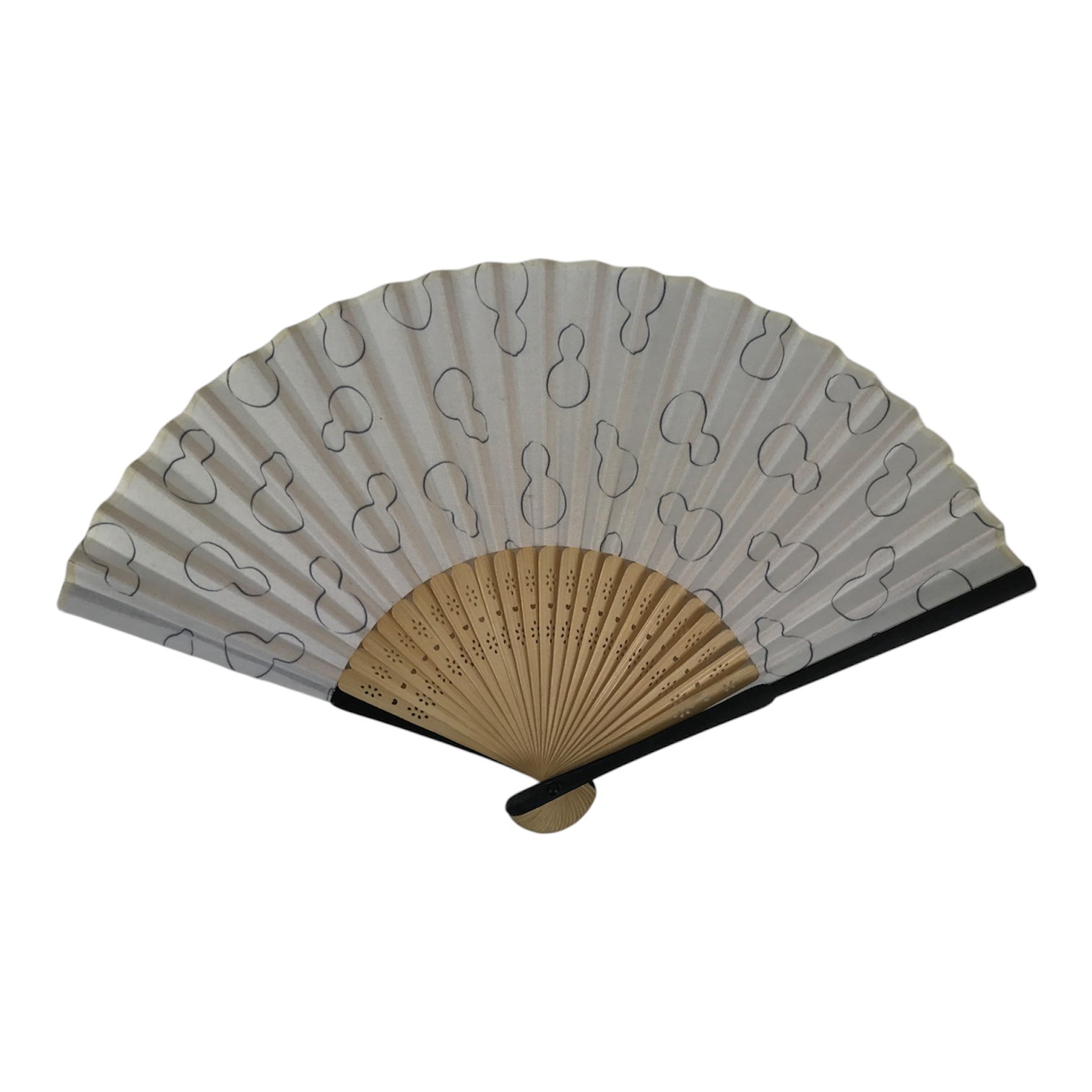 Japanese Fabric Folding Fan Sensu Vtg Bamboo Frame Hyotan Gourd White Black 5D64-AD - Fan-chidorivintage.com