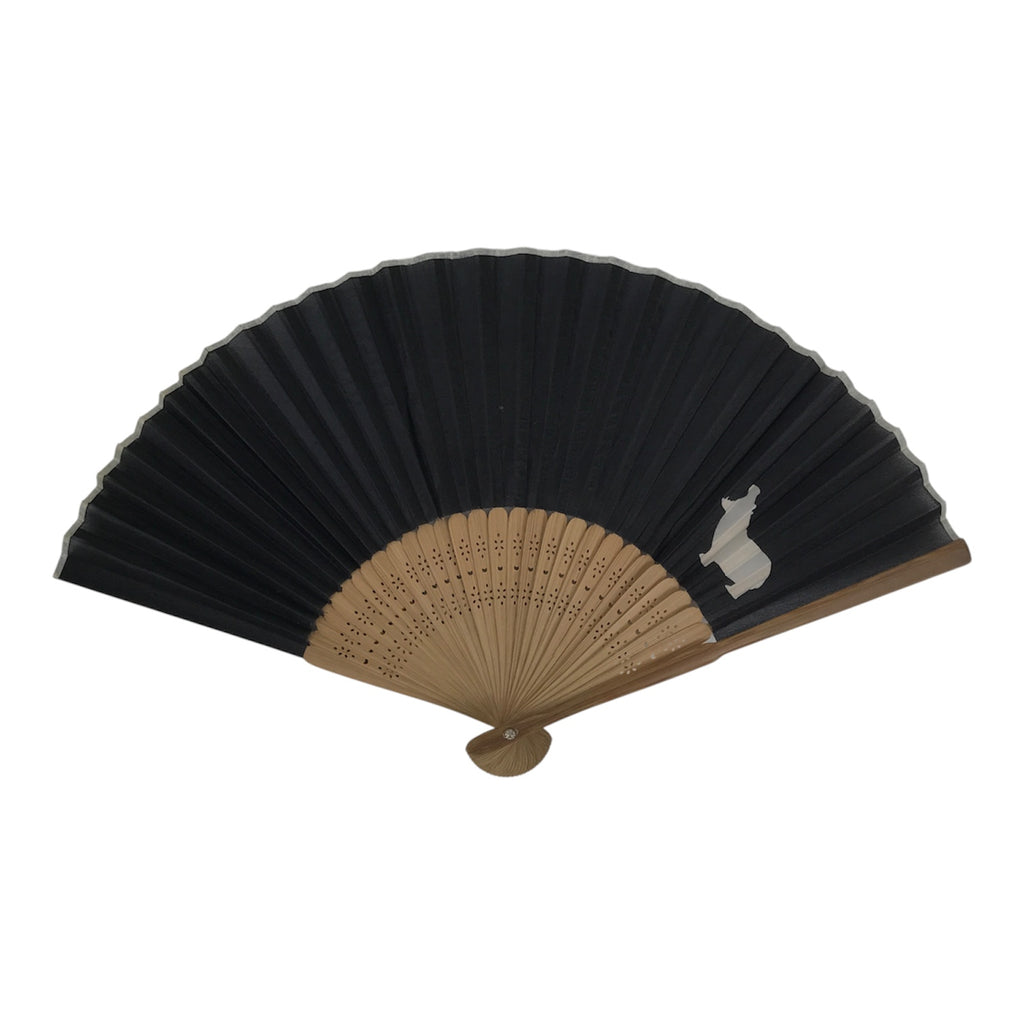 Japanese Fabric Folding Fan Sensu Vtg Bamboo Frame Hippopotamus Kaba Black 5D65-AD - Fan-chidorivintage.com