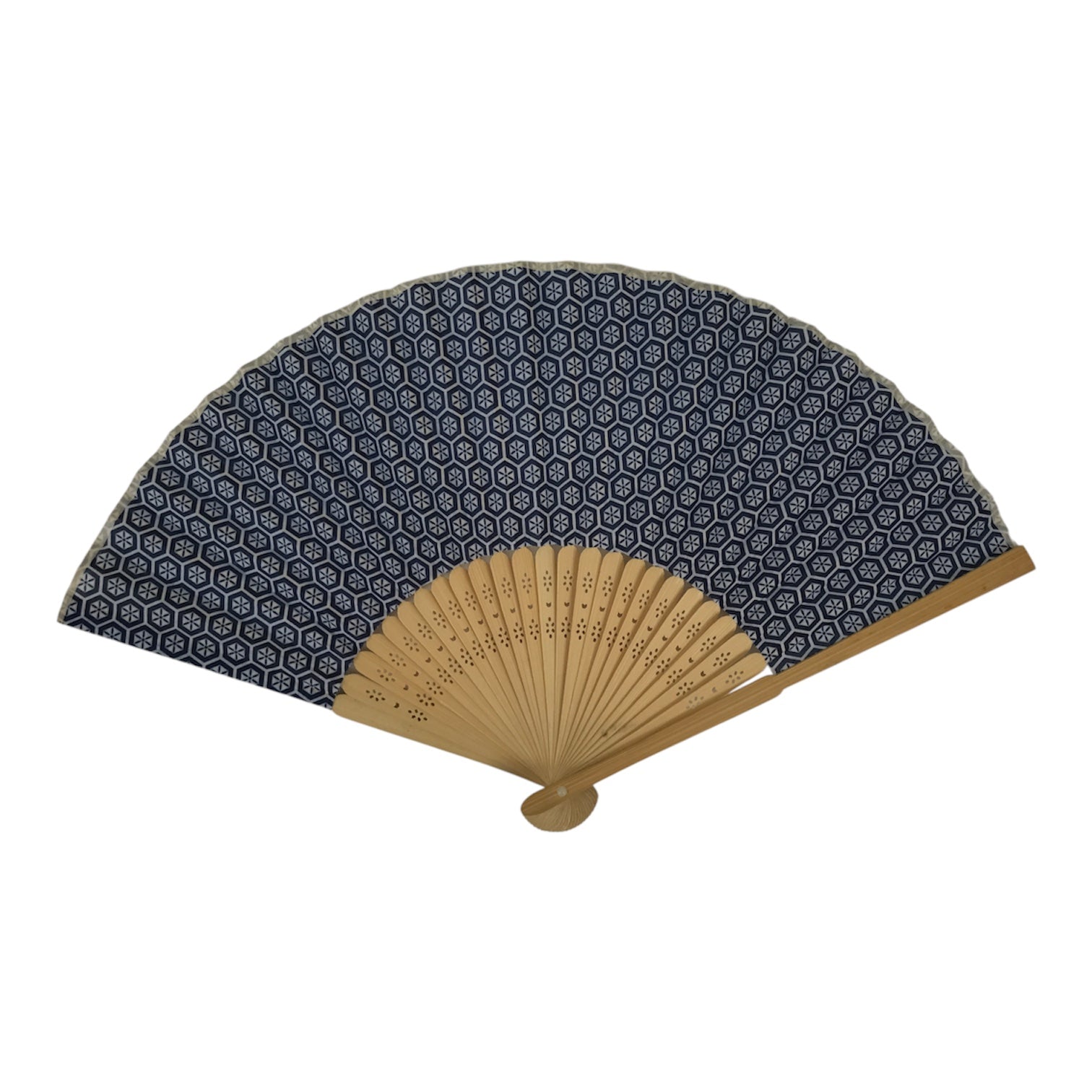 Japanese Fabric Folding Fan Sensu Vtg Bamboo Frame Kikkou Pattern Blue 5D68-AD - Fan-chidorivintage.com