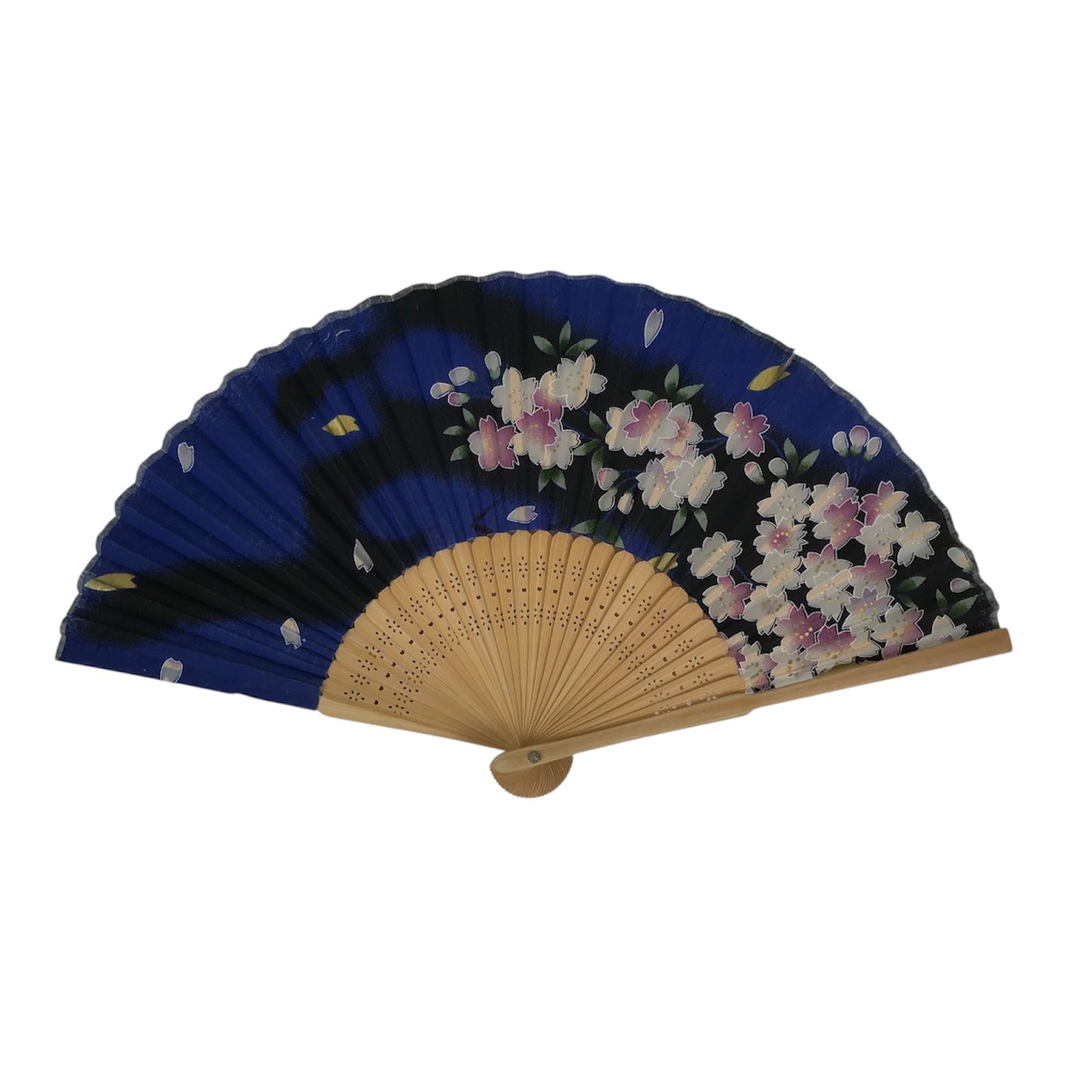 Japanese Fabric Folding Fan Sensu Vtg Bamboo Frame Cherry Bossoms Blue 5D69-AD - Fan-chidorivintage.com