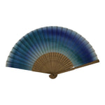 Japanese Fabric Folding Fan Sensu Vtg Bamboo Frame Blue Green Watercolor 5D75-AD - Fan-chidorivintage.com