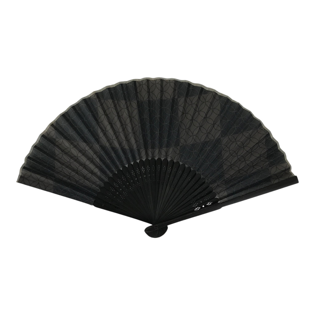 Japanese Fabric Folding Fan Vtg Sensu Bamboo Frame Black Shippo Pattern 5D82-AD - Fan-chidorivintage.com