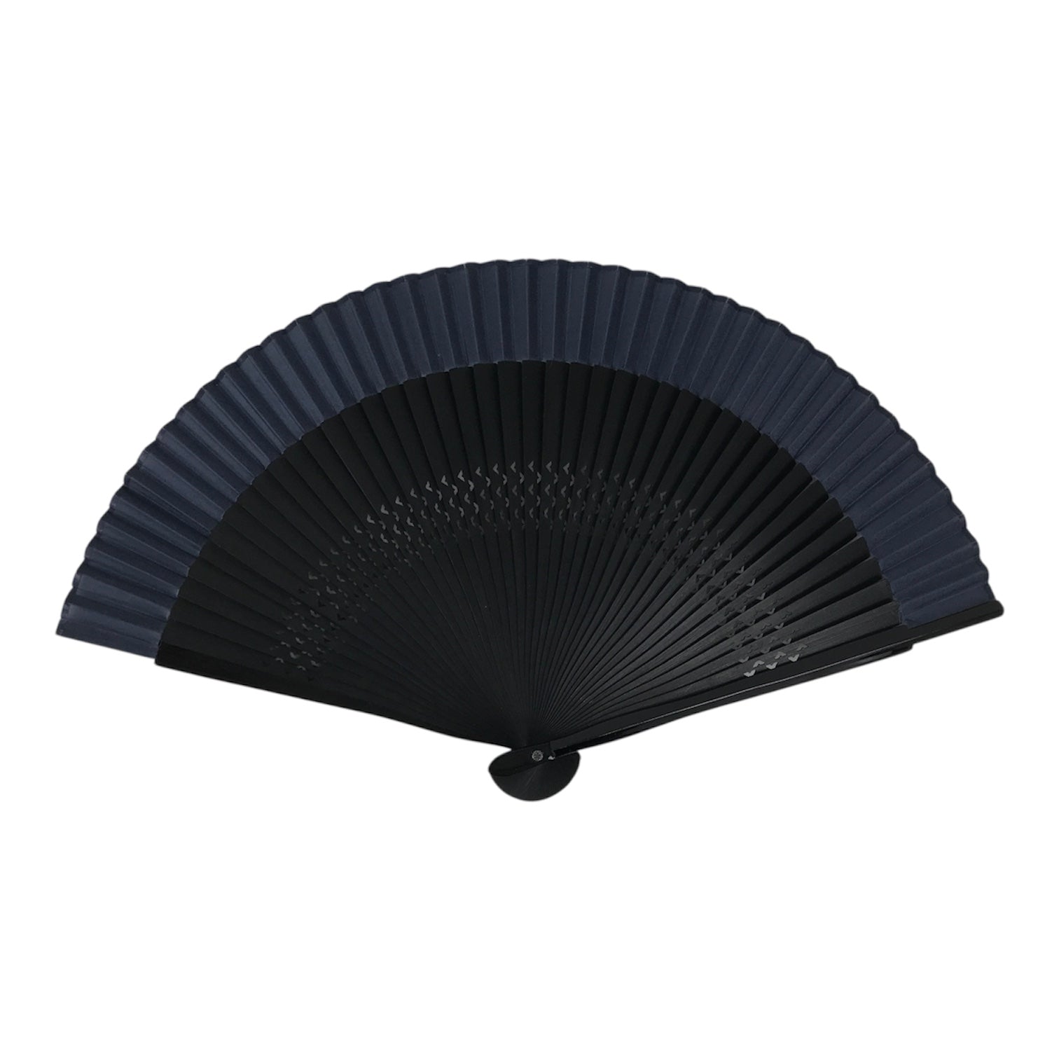 Japanese Fabric Folding Fan Vtg Sensu Lacquered Black Bamboo Frame Blue 5D83-AD - Fan-chidorivintage.com
