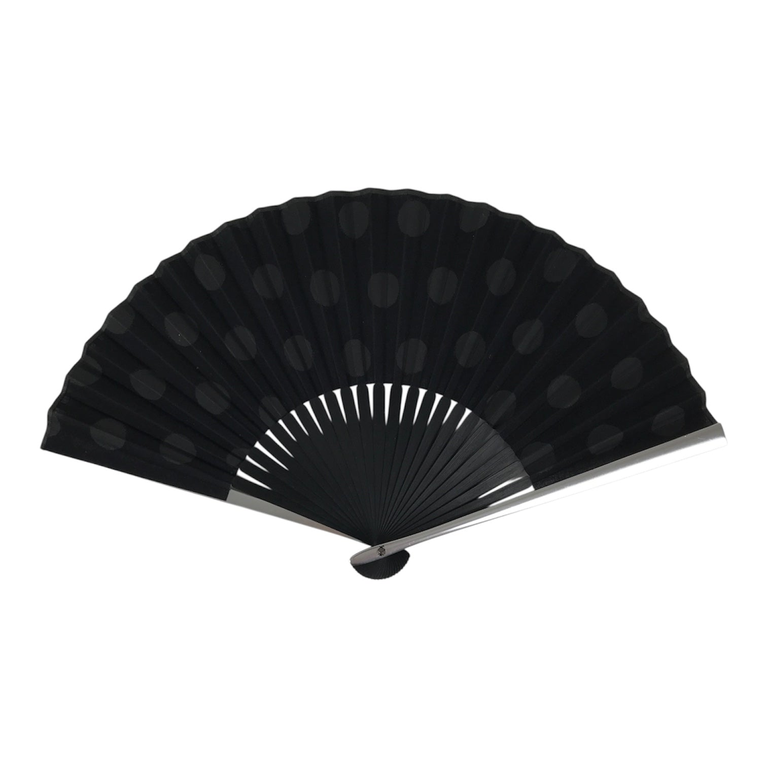 Japanese Fabric Folding Fan Vtg Sensu Metal Bamboo Frame Black Polka Dots 5D84-AD - Fan-chidorivintage.com