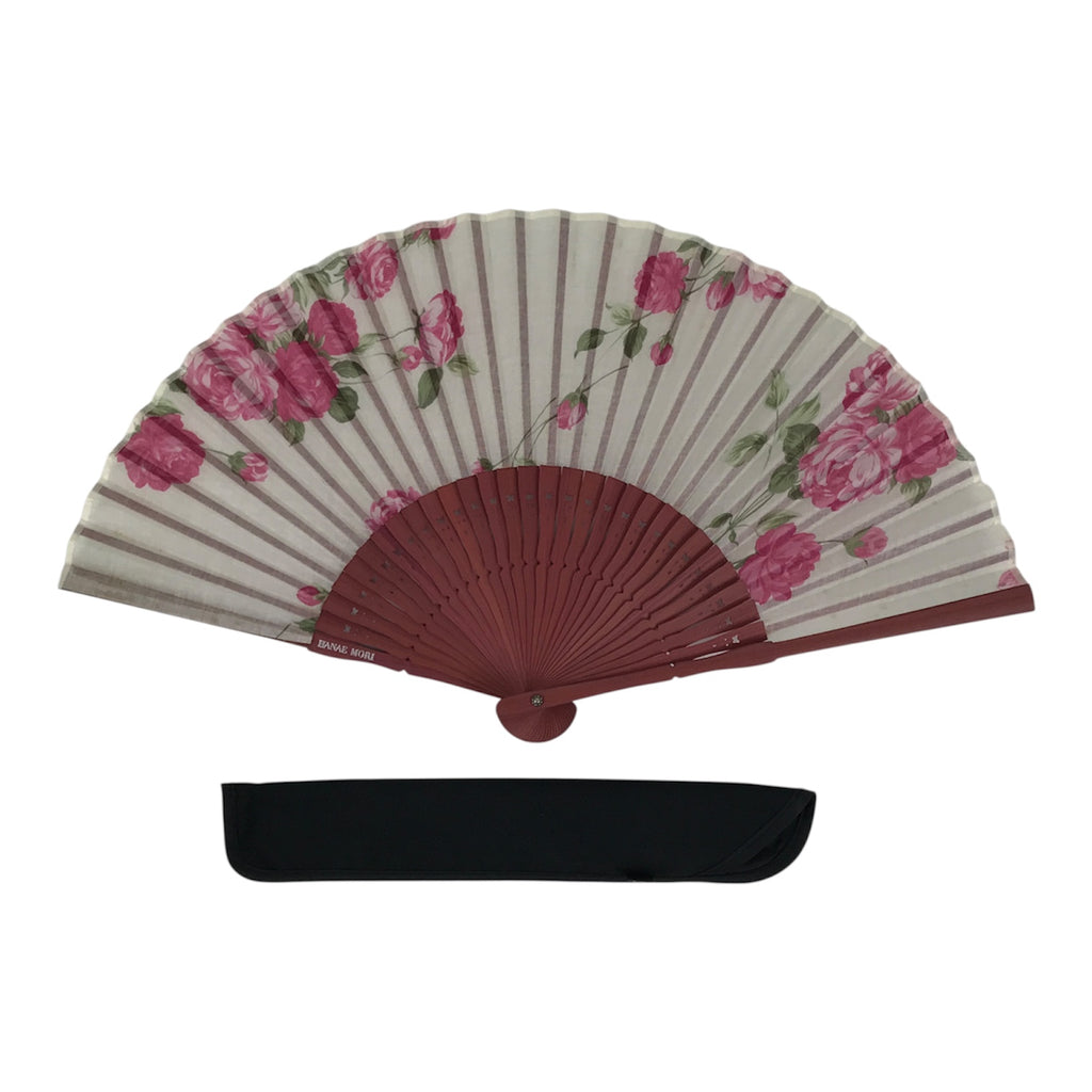 Japanese Fabric Folding Fan Vtg Sensu Bamboo Frame Hanae Mori Pink Rose 5D89-AD - Fan-chidorivintage.com