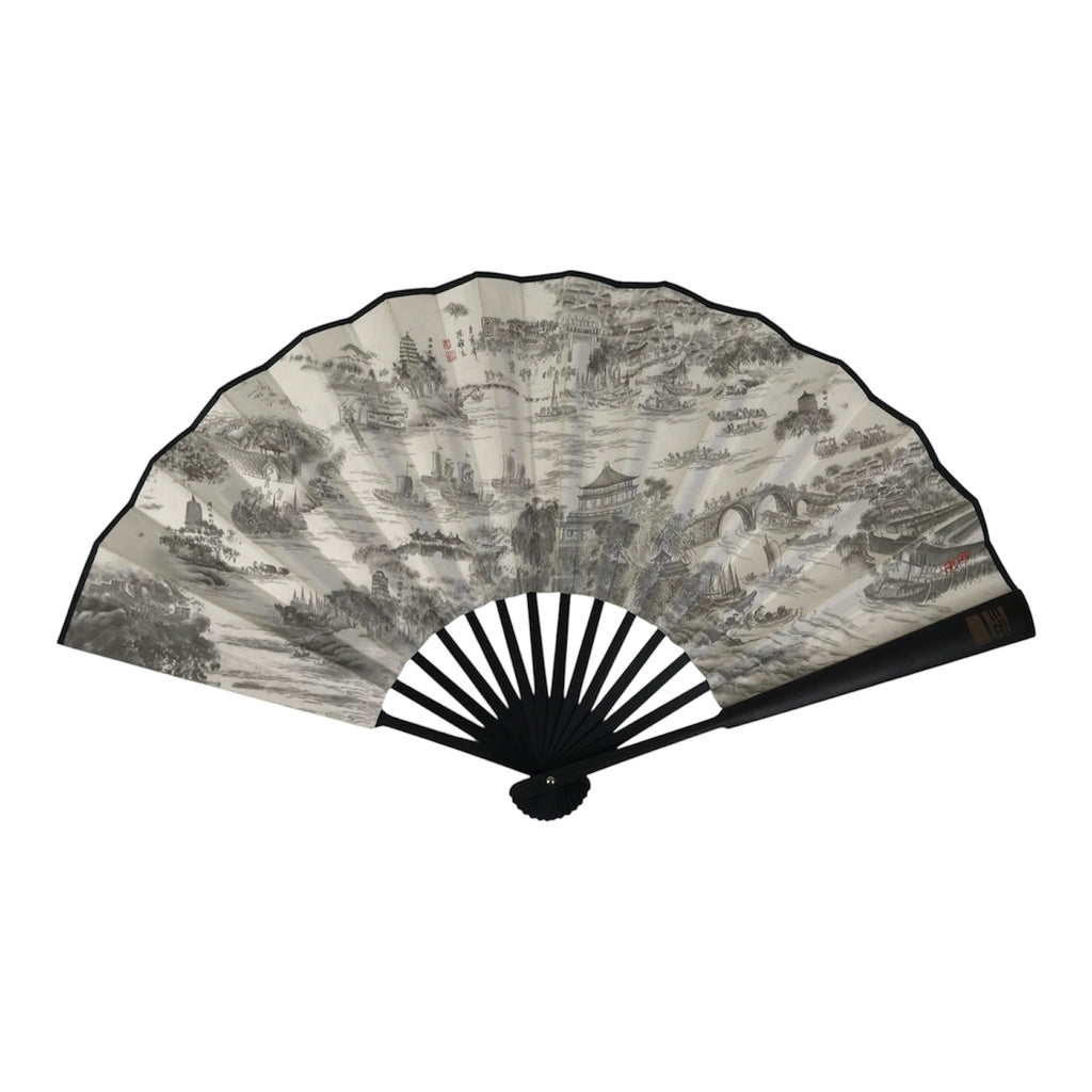 Chinese Paper Folding Fan Sensu Bamboo Frame White Black Kanji Grand Canal 5D91-AD - Fan-chidorivintage.com