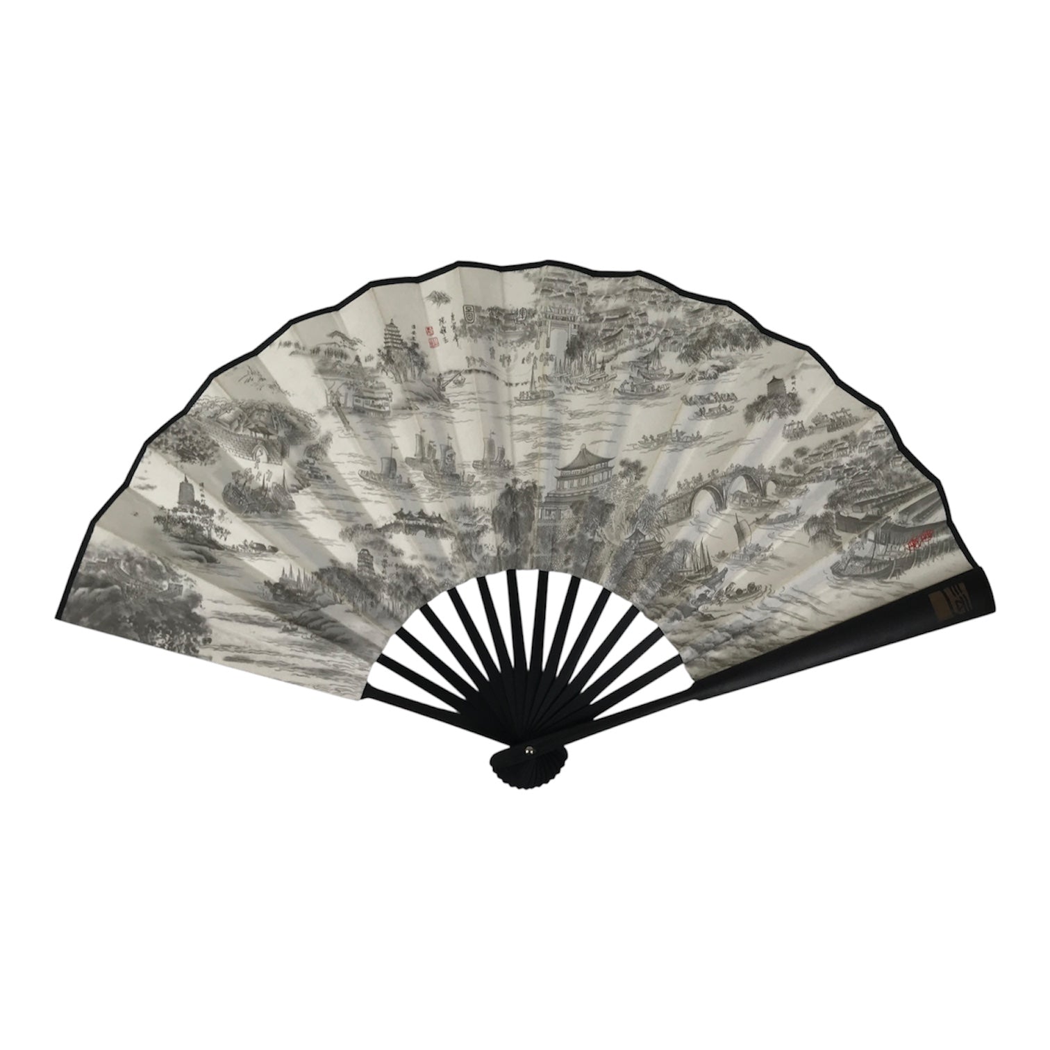 Chinese Paper Folding Fan Sensu Bamboo Frame White Black Kanji Grand Canal 5D91-AD - Fan-chidorivintage.com