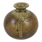 Japanese Ceramic Oribe Ware Flower Vase Vtg Ikebana Kabin Brown Round FK245-KT - Vase-chidorivintage.com