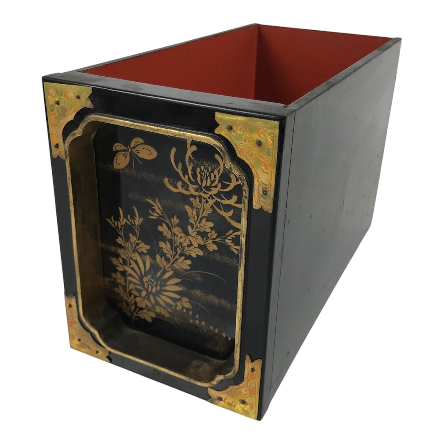 Japanese Buddhist Altar Lacquer Drawer Brass Black Gold Chrysanthemum Makie BP44-OT - Buddhist-chidorivintage.com