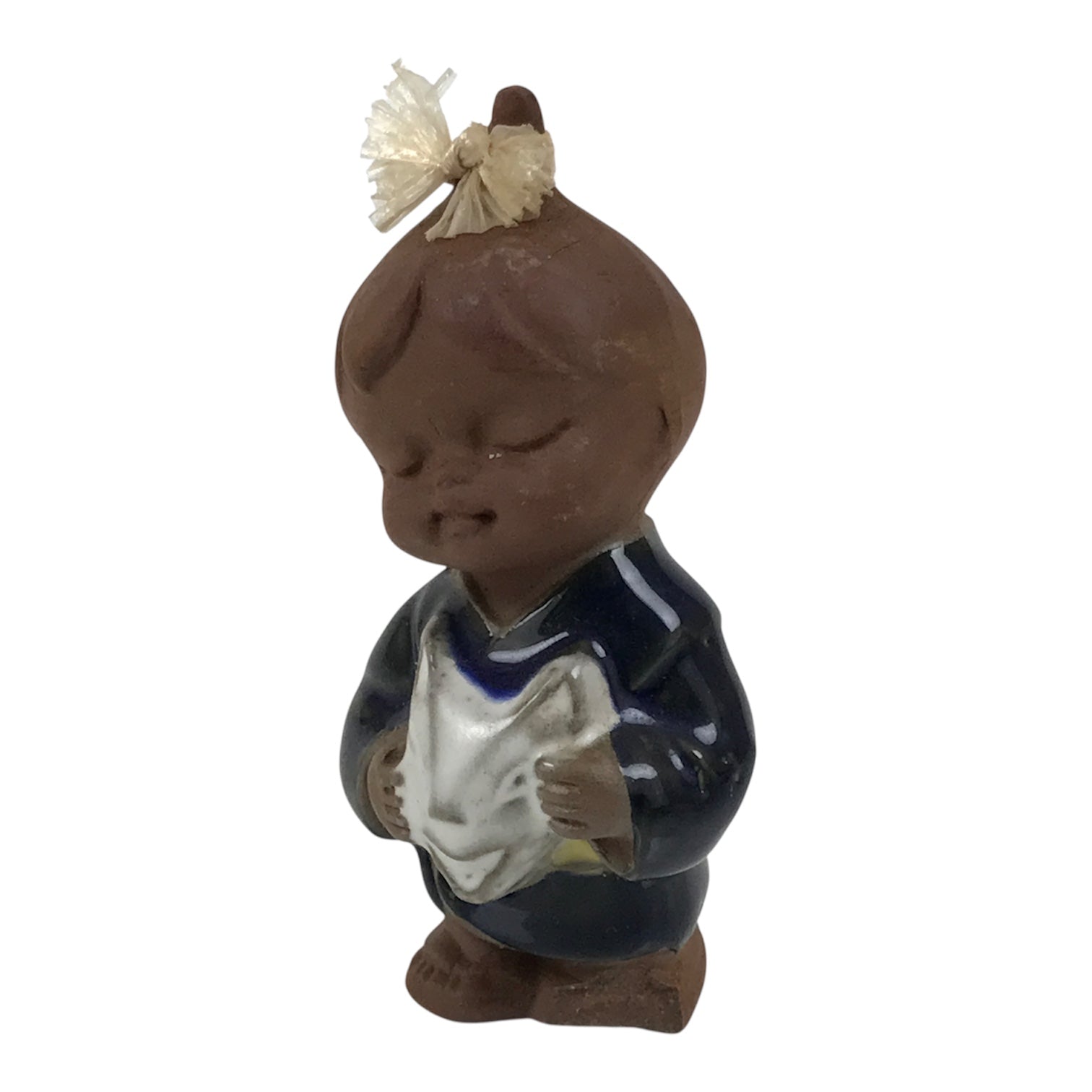 Japanese Seto Ceramic Young Girl Figurine Vtg Child Blue Kimono Red Clay ST103-AD - Figurine-chidorivintage.com