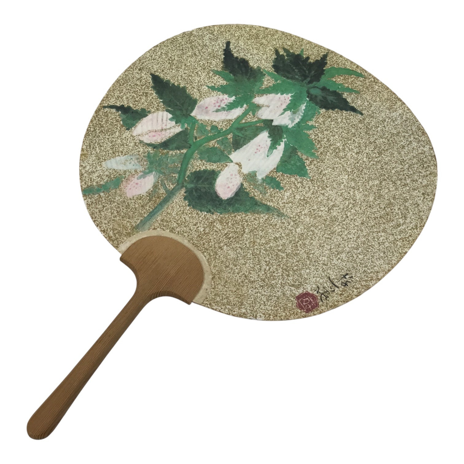 Japanese Paper Fan Large Uchiwa Vtg Wooden Handle Ogura Yuki Pink Flowers U193-AD - Fan-chidorivintage.com