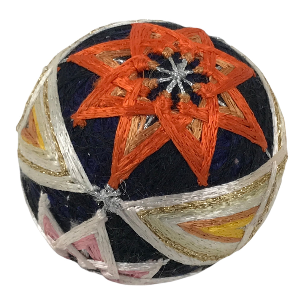 Japanese Embroidered Silk Thread Ball Temari Vtg Traditional Toy Blue Gold ID693-TX - Other-chidorivintage.com
