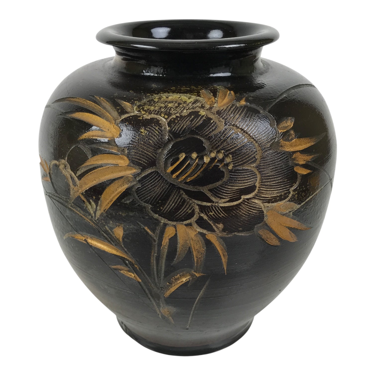 Japanese Ceramic Flower Vase Vtg Ikebana Kabin Brown Floral Round Large FK250-KT - Vase-chidorivintage.com