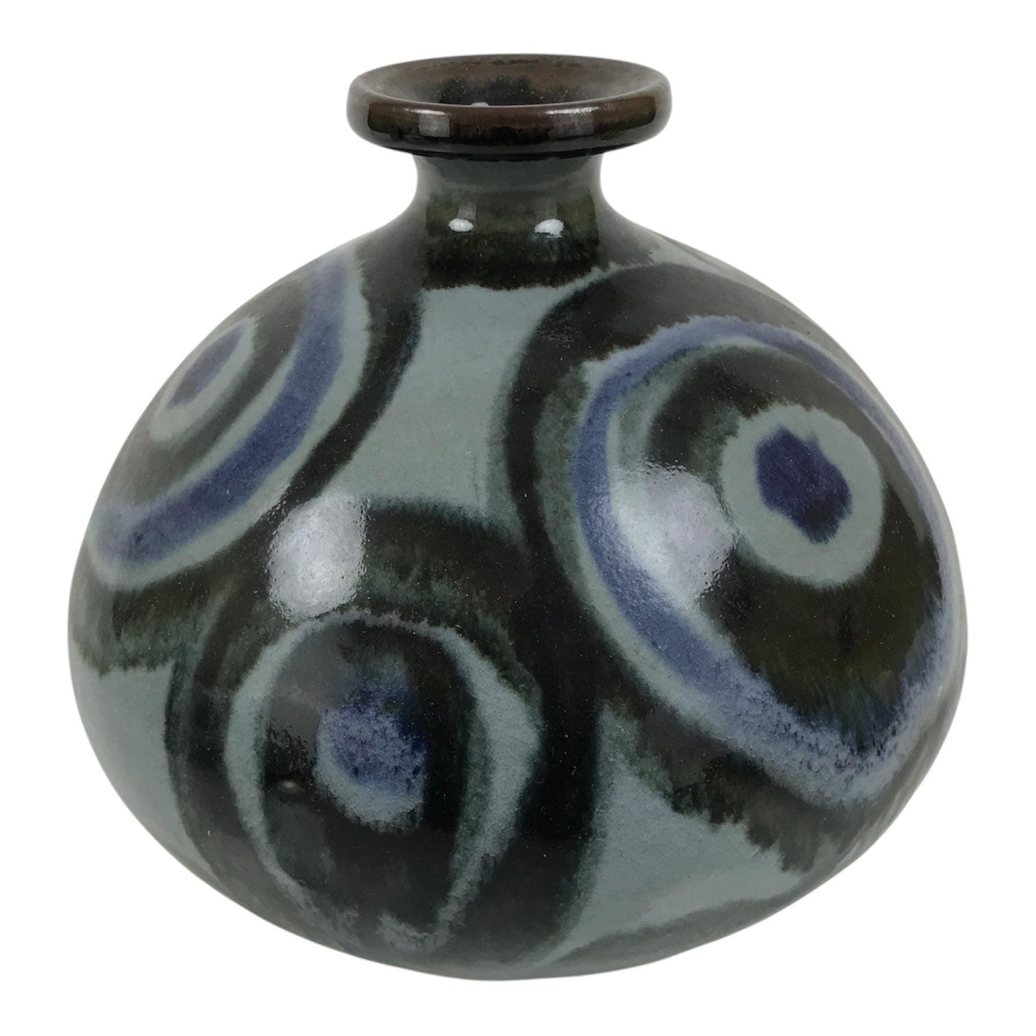 Japanese Ceramic Flower Vase Vtg Ikebana Kabin Gray Blue Black Whirl Wide FK260-KT - Vase-chidorivintage.com