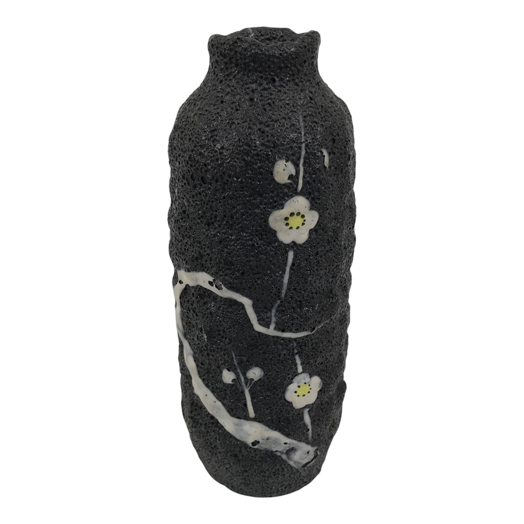 Japanese Ceramic Flower Vase Vtg Ikebana Kabin Lava Black Tall Plum Ume FK265-KT - Vase-chidorivintage.com