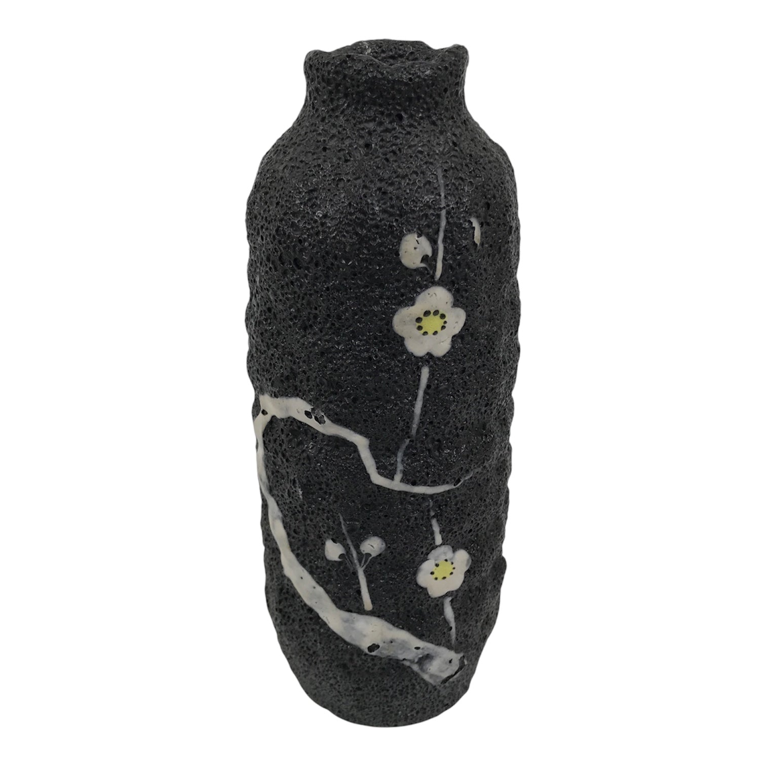 Japanese Ceramic Flower Vase Vtg Ikebana Kabin Lava Black Tall Plum Ume FK265-KT - Vase-chidorivintage.com