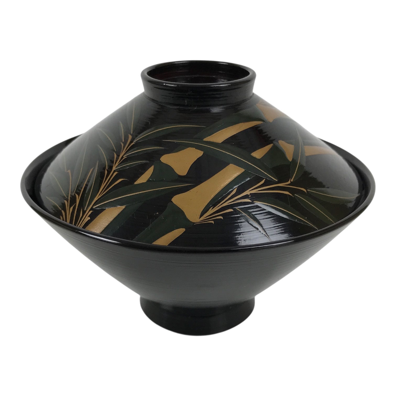 Japanese Lacquer Wood Lidded Bowl Owan Vtg Makie Black Gold Bamboo Plum LB194-KT - Bowl-chidorivintage.com