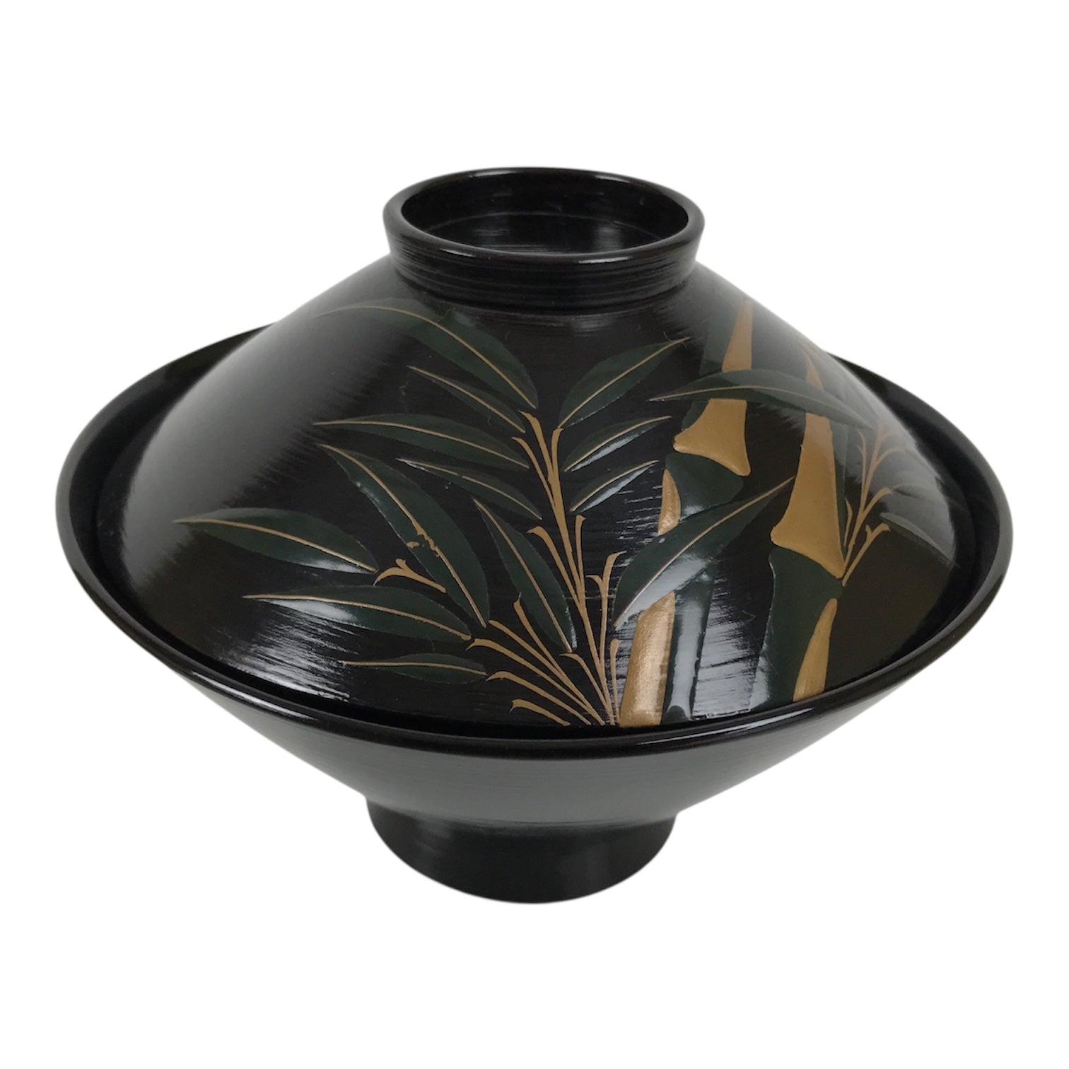 Japanese Lacquer Wood Lidded Bowl Owan Vtg Makie Black Gold Bamboo Plum LB195-KT - Bowl-chidorivintage.com