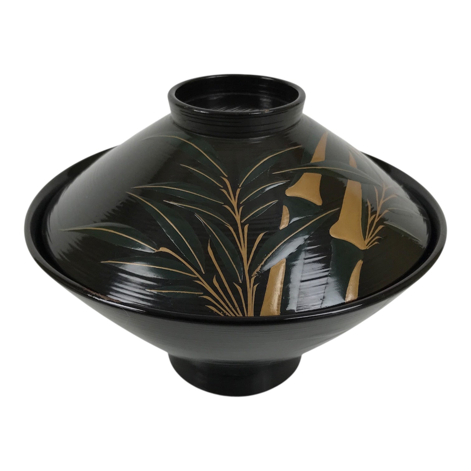 Japanese Lacquer Wood Lidded Bowl Owan Vtg Makie Black Gold Bamboo Plum LB196-KT - Bowl-chidorivintage.com