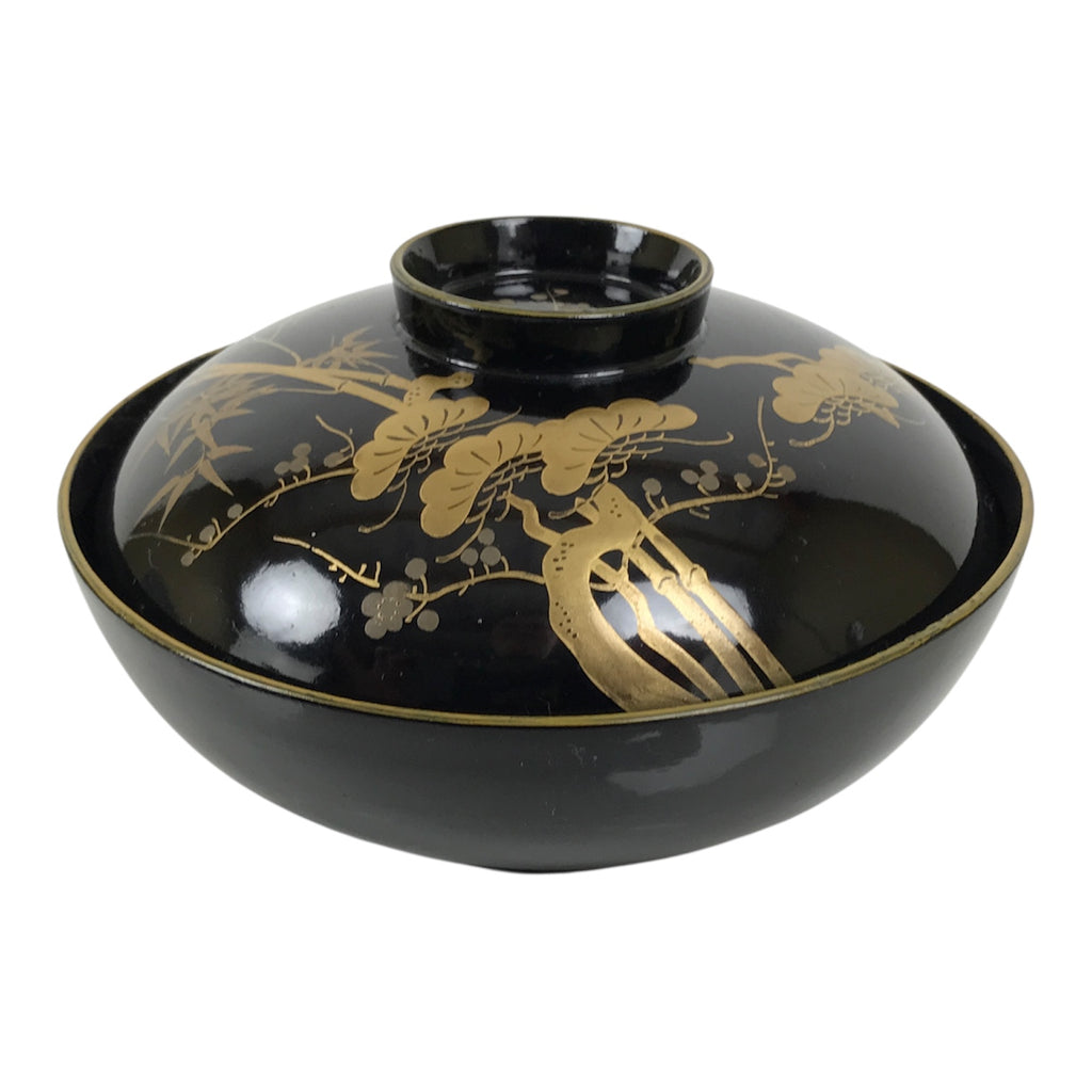 Japanese Lacquer Wood Lidded Bowl Owan Vtg Makie Black Gold Shochikubai LB197-KT - Bowl-chidorivintage.com