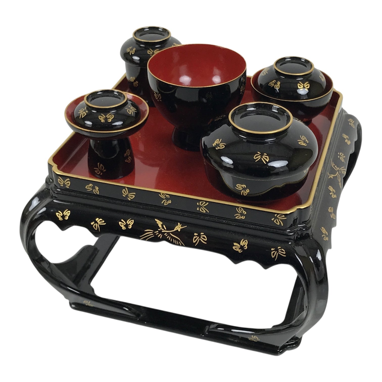 Japanese Lacquer Wood Ozen Tray Meal Set Hina Doll Furniture Vtg Black Red ID719-FB - Hina Doll Furniture-chidorivintage.com