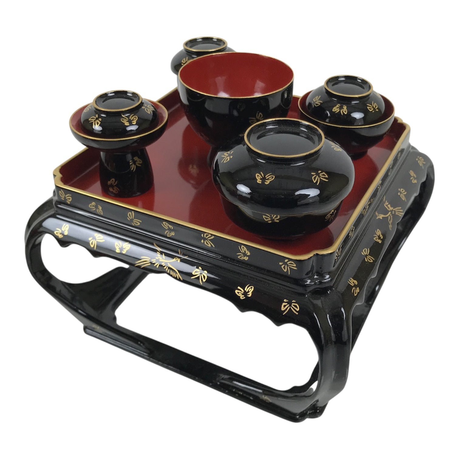 Japanese Lacquer Wood Ozen Tray Meal Set Hina Doll Furniture Vtg Black Red ID720-FB - Hina Doll Furniture-chidorivintage.com