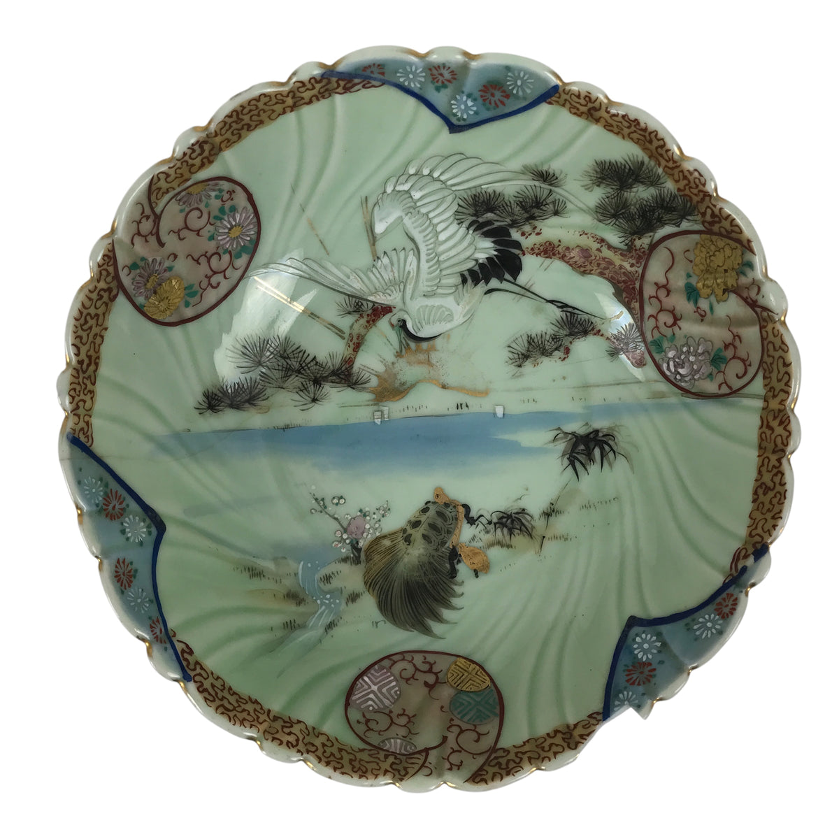 Japanese Porcelain Round Large Bowl Vtg Crane Turtle Longevity Green Gold Y585-KT - Bowl-chidorivintage.com