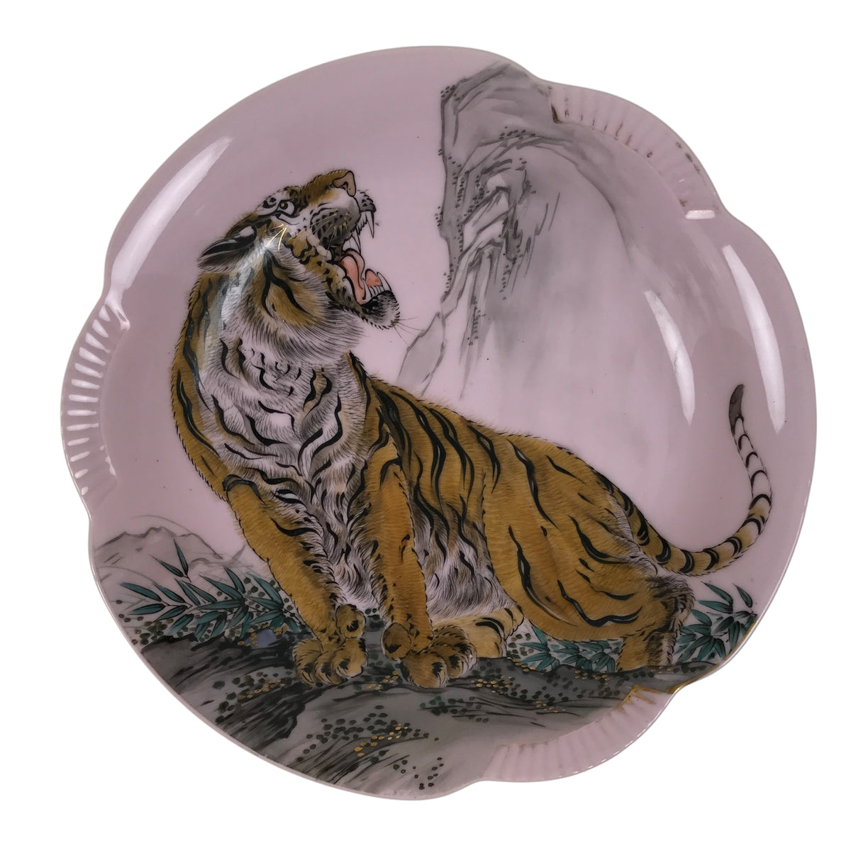 Japanese Porcelain Large Plate Vtg Tiger Shunga Bottom Pink Ozara Display Y586-KT - Plate-chidorivintage.com