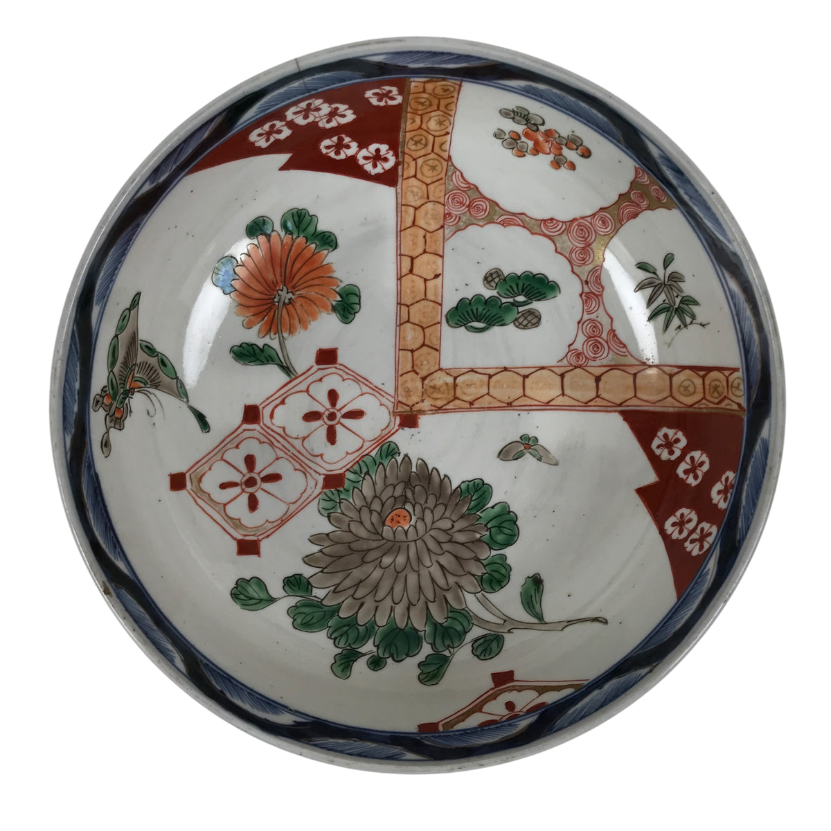 Japanese Ceramic Round Large Imari Bowl Vtg Flowers Butterflies Brown Green Y587-KT - Bowl-chidorivintage.com