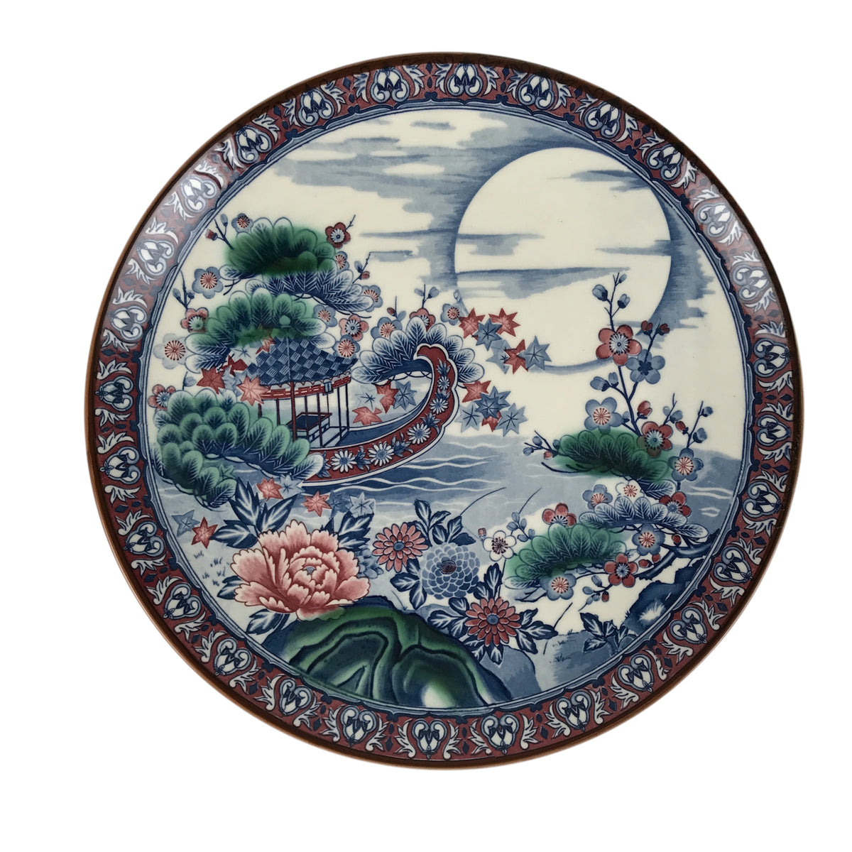 Japanese Ceramic Large Plate Vtg Flower Boat Moon Ozara Tray Dish Blue Y590-KT - Plate-chidorivintage.com