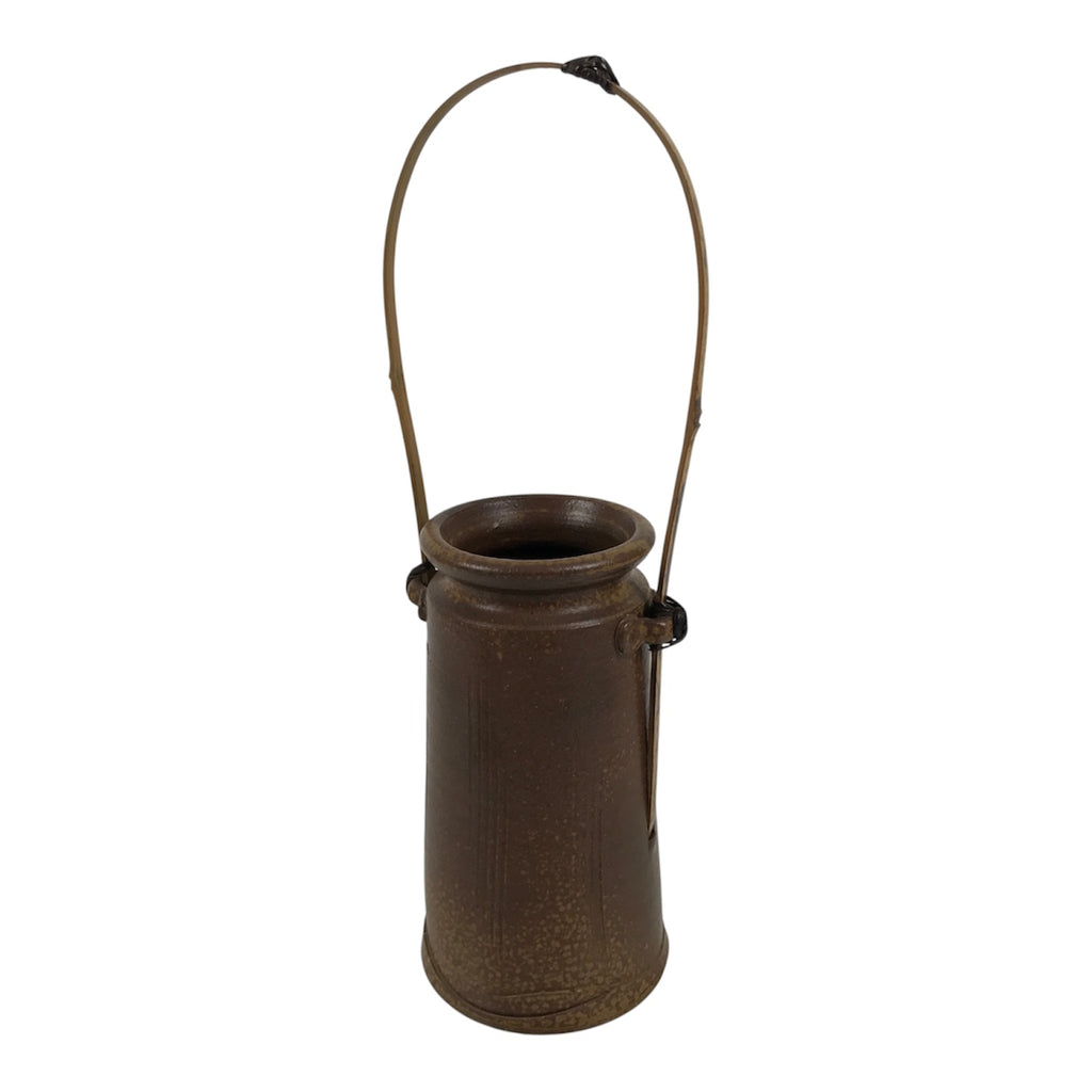 Japanese Ceramic Flower Vase Vtg Ikebana Kabin Brown Bamboo Handle FK266-KT - Vase-chidorivintage.com