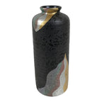 Japanese Ceramic Flower Vase Vtg Ikebana Kabin Cylinder Black Gold Silver FK267-KT - Vase-chidorivintage.com