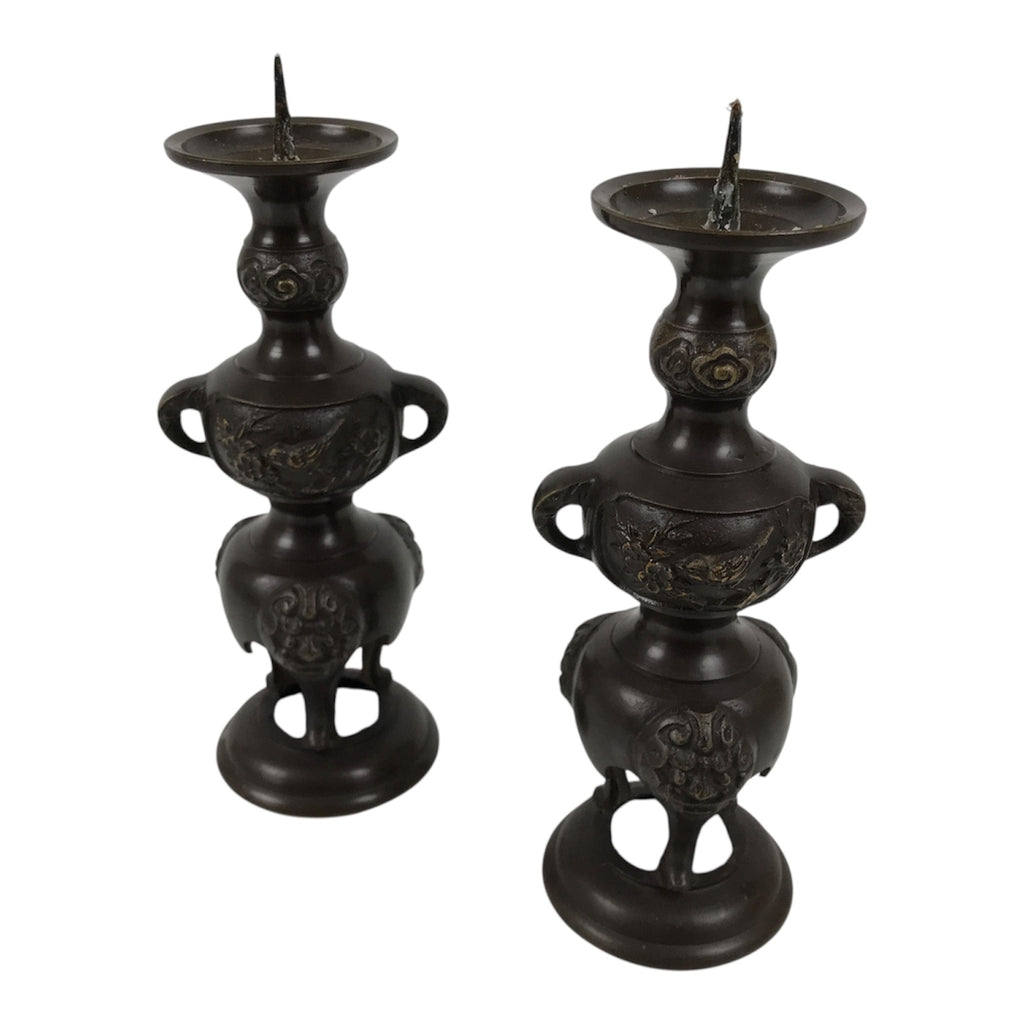 Japanese Buddhist Altar Fitting Bronze Metal Candle Stand Vtg 2pc Shokudai BT24-OT - Buddhist-chidorivintage.com