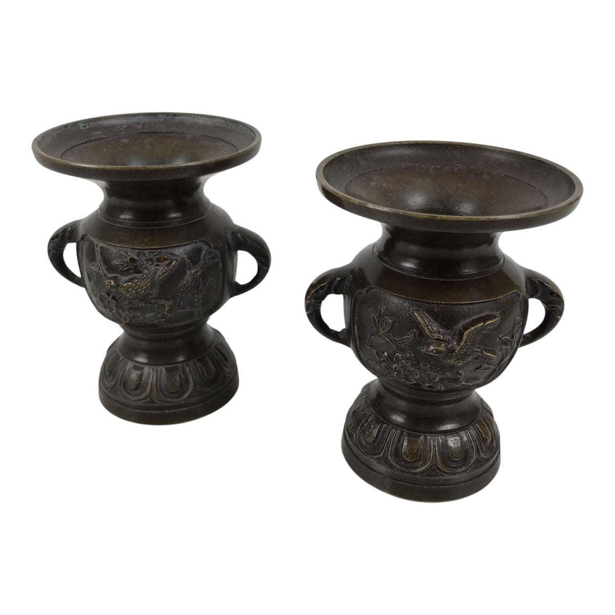 Japanese Buddhist Altar Bronze Metal Flower Vases 2pcs Hanatate Brown Birds BT25-OT - Buddhist-chidorivintage.com