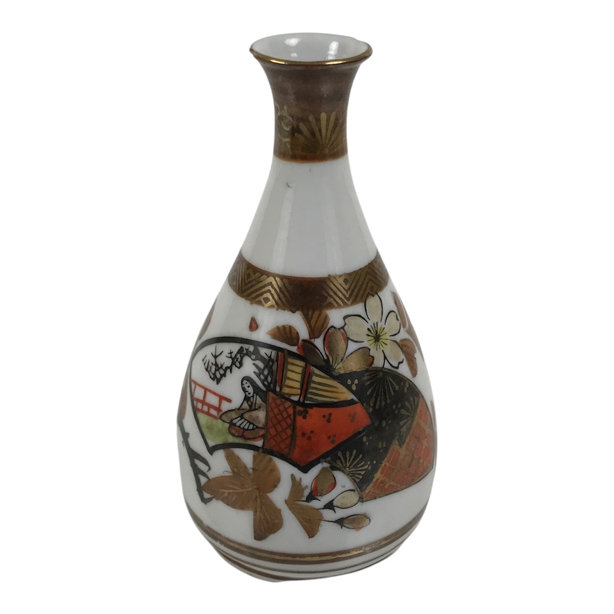 Japanese Kutani Porcelain Sake Bottle Tokkuri Vtg Kimono Woman Folding Fan TS930-KT - Sake Bottle-chidorivintage.com
