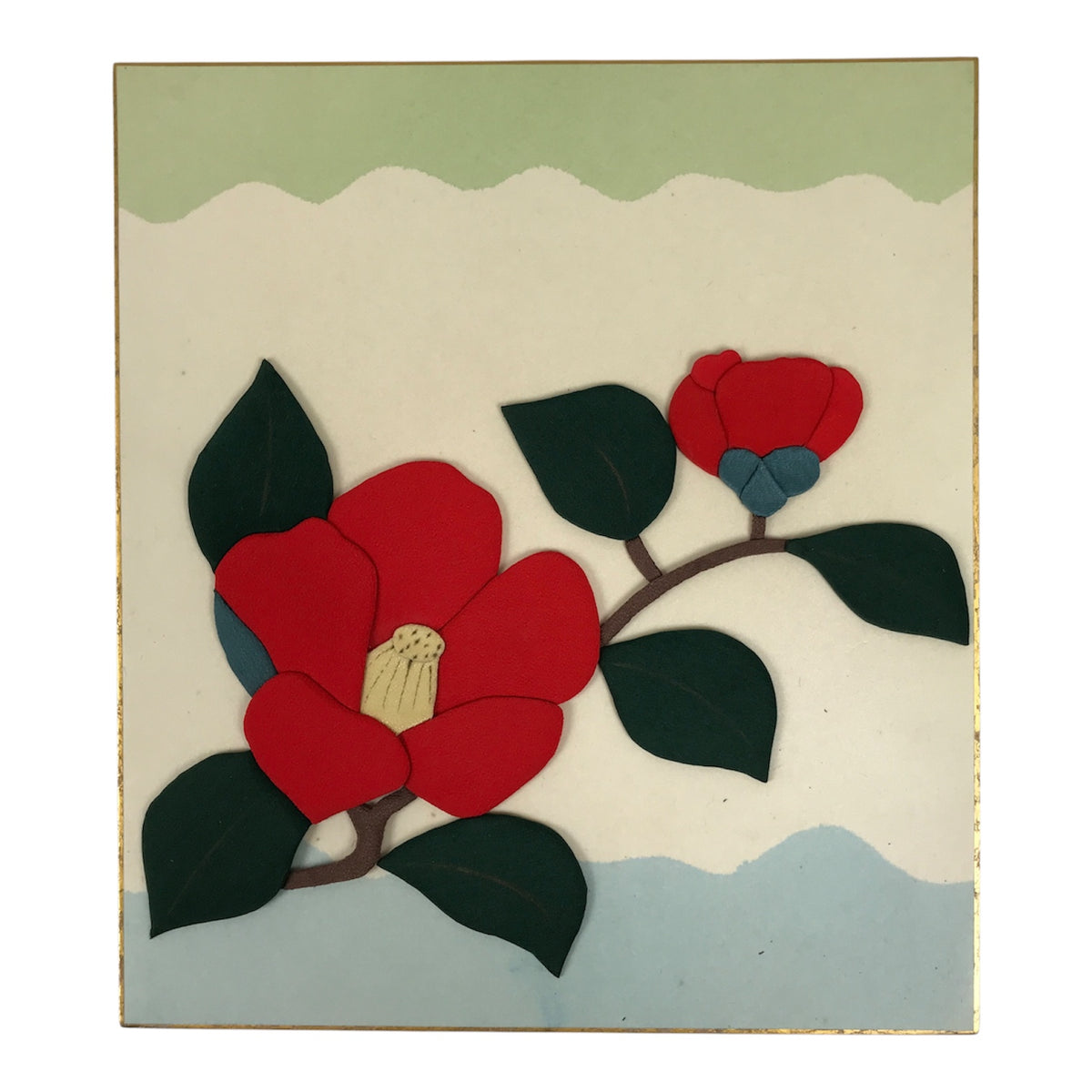 Japanese Shikishi Art Board Oshie Silk Vtg Camellia Flower Red Tsubaki A824-AD - Painting-chidorivintage.com