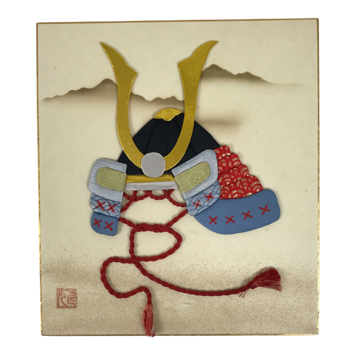 Japanese Shikishi Art Board Oshie Silk Fabric Vtg Kabuto Samurai Helmet A825-AD - Painting-chidorivintage.com
